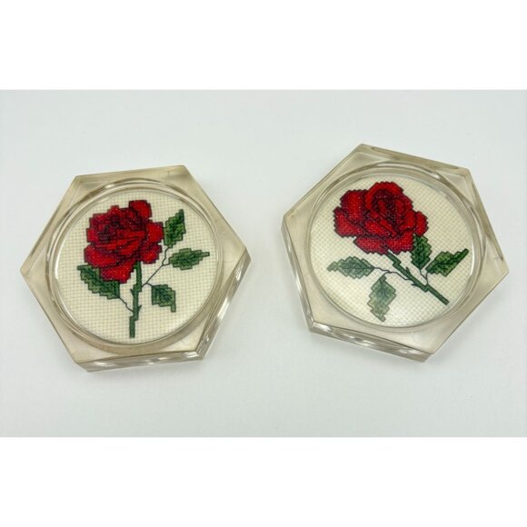 Vintage Acrylic Coasters Red Rose Cross Stitch Set of 2 Handmade Floral Decor - Picture 8 of 8